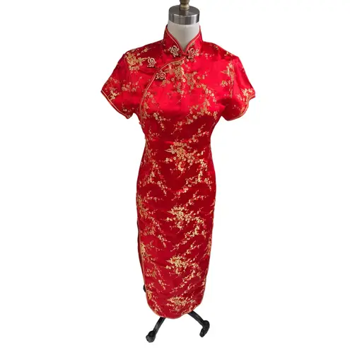 90s Vtg Cheongsam Dress Yue He Shi Lu Red/Gold Brocade Dress WIggle Gown Sz S Red