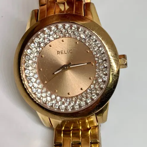 Relic  women’s rose gold tone wrist watch 35mm case rhinestones dial 7.5” running