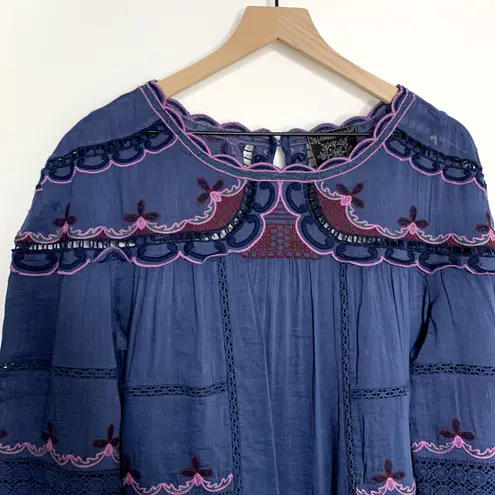 Johnny Was Reina Midi Dress Womens Large Linen-Blend Blue Embroidered