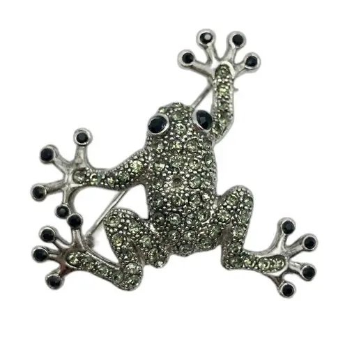 Vintage Rhinestone Tree Frog Brooch Sparkly Black and Gray Silver Tone