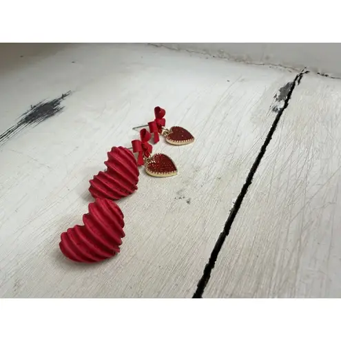 Red Heart Earrings Bundle Glitter Bow Studs 3D Textured Cute Kawaii Valentine