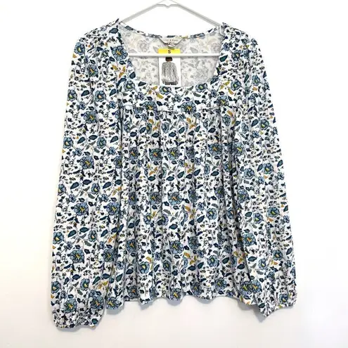 Lucky Brand NEW NWT  Floral Square Neck Top White Blue Long Sleeve Boho Peasant S