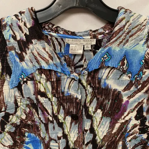 Alberto Makali Crinkle Fabric Abstract Print Button Front Shirt Top XL Fairycore