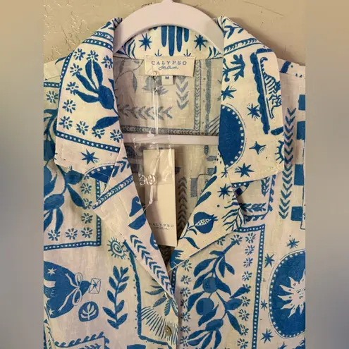 Calypso St. Barth Blue & White Button Up Collared Blouse Tyed Size M
