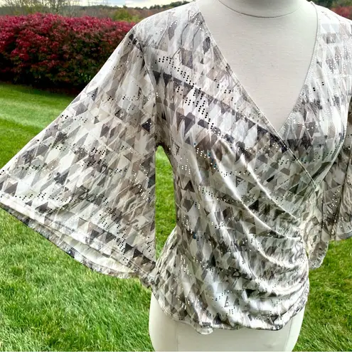MSK V Neck Foil Knit Faux Wrap top size small Gray