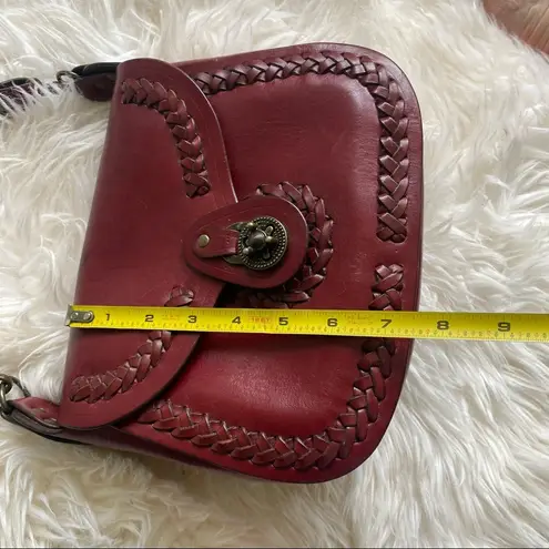 Halikarnas Vintage Crossbody Purse Burgundy Leather Handmade Braided Details Red