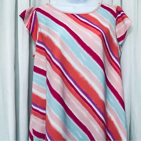 Flamingo Stripe Multicolored Pattern Short Sleeve Blouse Size Large Top