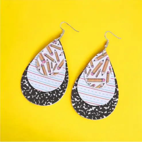Handmade Water‎ drop shape 3 layer faux leather light weight teacher dangle earrin…