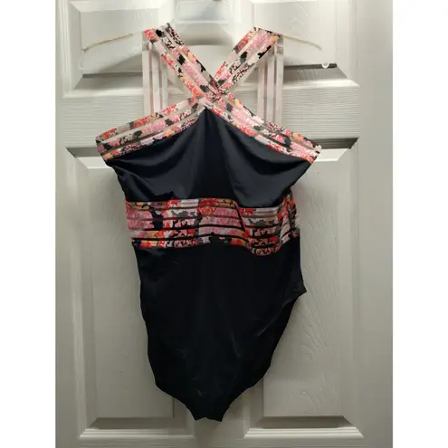 Hilor Size XXL (16) One Piece Crossover Mesh Bathing Suit Tummy Control Swimwear Black