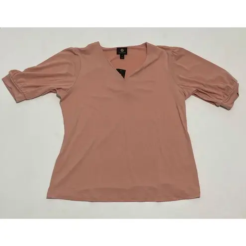 JM Collection Puff Sleeves Tee Shirt Top V-Neck Stretchy Pink Sunstone Small
