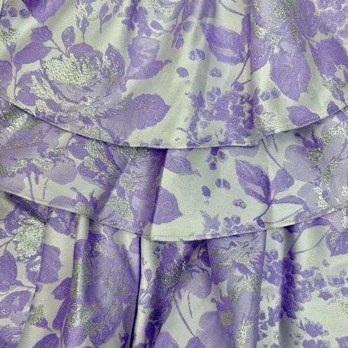 ASOS LUXE Ruffle One Shoulder Jacquard Mini Dress Purple Silver 6 Runs Small