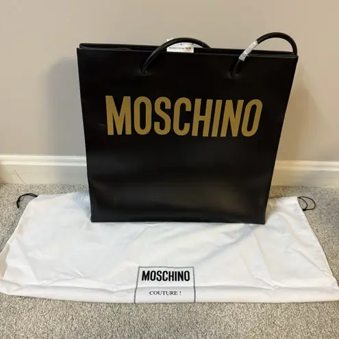 Moschino Couture Black Leather Tote Bag Gold Logo Large Shopper W/ Dust Bag NWT