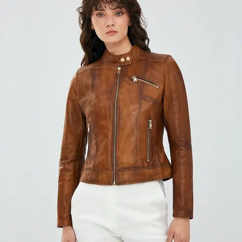 Rare Derimod Expo Kylie Mandala Mosaic Boho Leather Jacket in Camel Size Small Brown