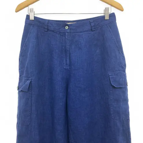 Kate Hill Cargo Pants Size 6 Navy Blue 100% Linen Wide Leg Utility Pockets