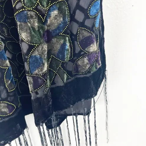 Soft Silk Blend Floral Velour Velvet Fringe Trim Scarf, One Size