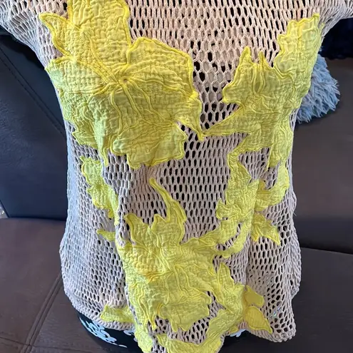 Buffalo David Bitton Beige See Through T-Shirt with Yellow Floral Design Size M