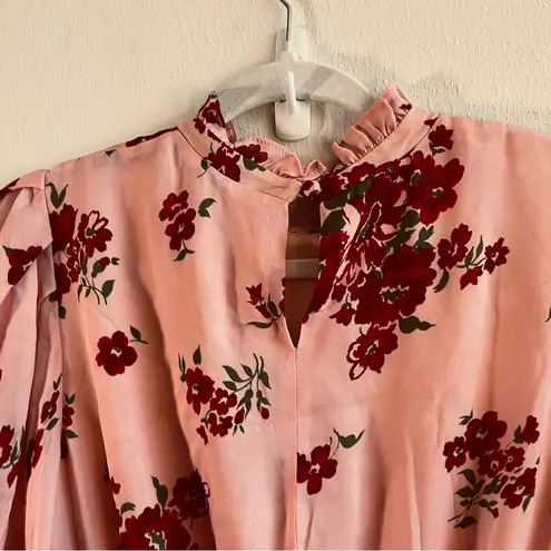 Julie Brown Dress Gabe Floral Print Silk Ruffle Mock Neck Tiered Mini Sz L NWT