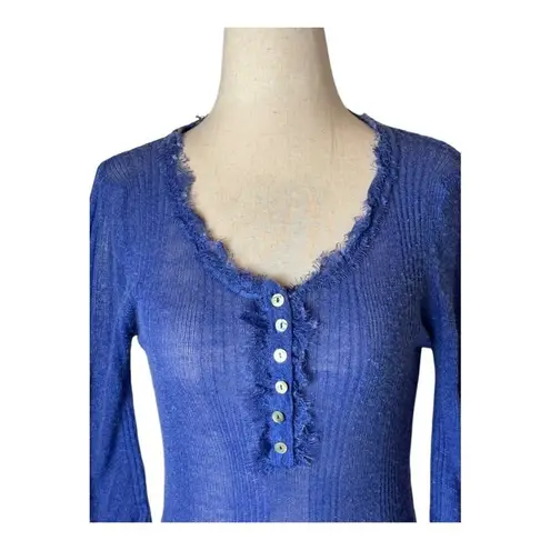 PPLA Shirt Women Small Blue Knit Linen Blend Fringe Stretch Henley Top Sheer