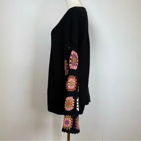 Heyson Black Cotton Blend Sweater Crochet Floral Sleeves Women’s Size Medium