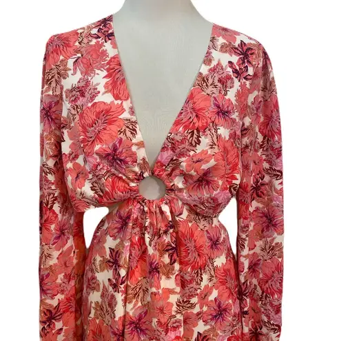 Showpo GENEVE RING CUT OUT LONG SLEEVE MINI DRESS IN NYLENE PINK FLORAL Sz 12