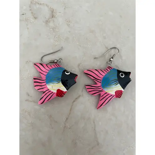 Funky Tropical Fish Dangle Drop Earrings Colorful Painted Wooden Quirky Pink