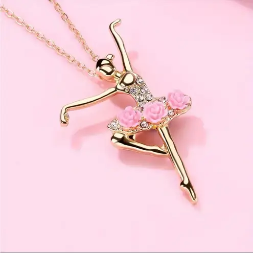 Gold Ballerina Pendant Necklace Pink Rose Tutu, Crystal Accents, Elegant Gift