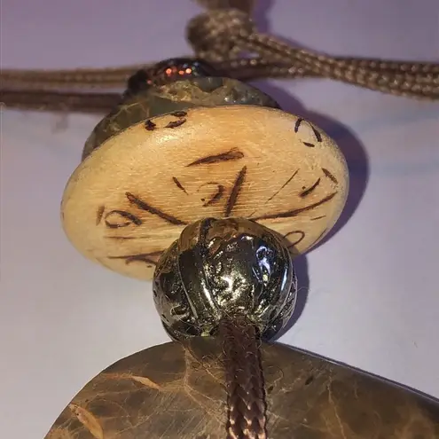 Vintage Neutral Tone Tan Brown Huge Wood? Donut Pendant Boho Necklace