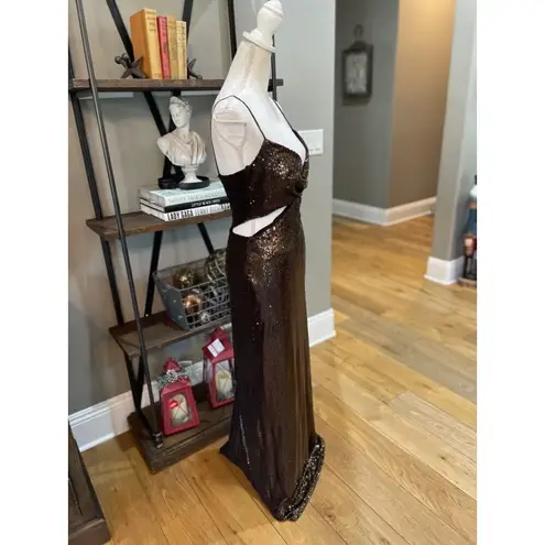 Halston Chloe Sequin Cut Out Evening Gown Brown Womens 8
