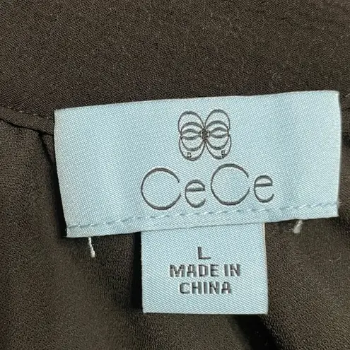 CeCe Shoulder Bow Tiered Ruffle Crinkle Chiffon Blouse Black Women’s Sz L