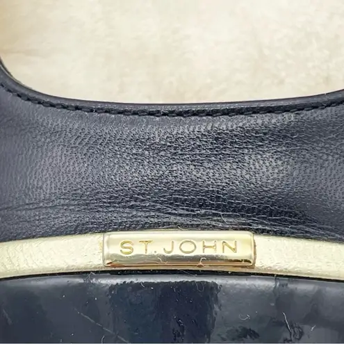 St. John Navy Leather Pumps Size 7 Gold Trim Cap Toe Classic Mid Heel Italy VTG