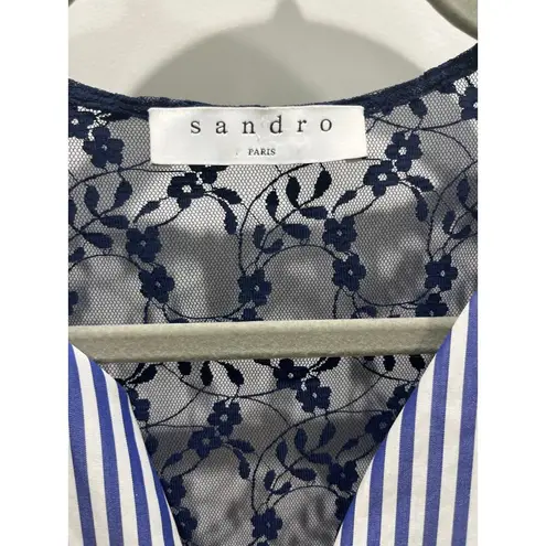 Sandro Blue Stripe Lace Trim Cotton Mid Dress Sz 2