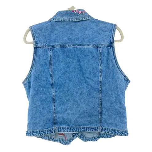 Bill Blass  (L) VINTAGE Y2K Blue Denim Pink Floral Embroidered Vest Jean Jacket