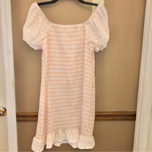 Madden NYC Smocked Gingham Plaid Off Shoulder Dress Orange White XL
