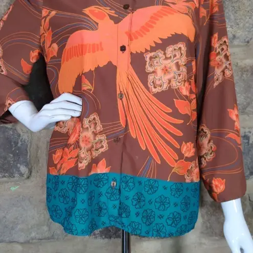 Sag Harbor Oriental Phoenix Print Blouse Orange Brown Turquoise Woman's Small