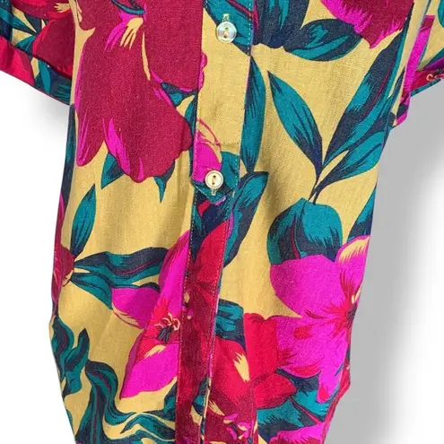 For Cynthia Button Up Shirt Linen Blend Hawaiian Floral Print Yellow Red Petite
