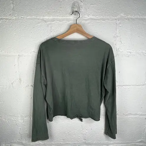 Aerie Women’s Henley Distressed Long Sleeve Cropped Green Top Size Small