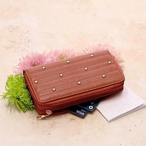 Cognac Brown Gold Studded Zipper Wallet — Wristlet — Vegan Leather — New