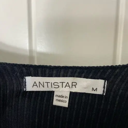 NWOT Antistar women’s solid black ribbed stretch ruched tie cropped blouse top M Size M