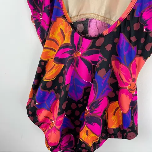 Vtg Abstract Print One Piece Swim Sz 14 Hawaiian Floral Dot Print Black