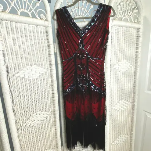 Unique Vintage Red Black Sequin Fringe Flapper Dress 1920s Gatsby Small