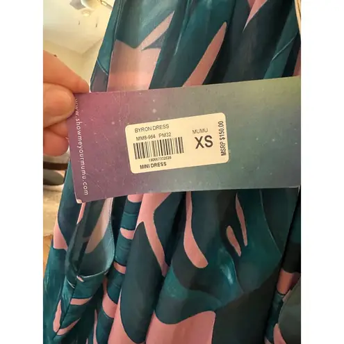 Mumu Mini Dress XS Green Pink Leaf Print