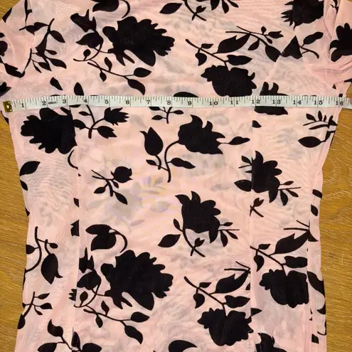 CBR SHEER DRESS MED. PINK W BLACK FLORAL MIDI THIGH HIGH SLITS HIGHCOLLAR NECK