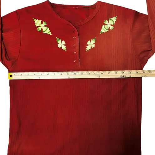 CHIC Burnt Orange Rust Long Sleeve Green Floral Geometric Embroidered Top No Tag Size M