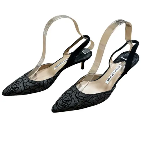 Manolo Blahnik Black Velvet Floral Slingback Heels Textured Fabric Pumps EU 37.5
