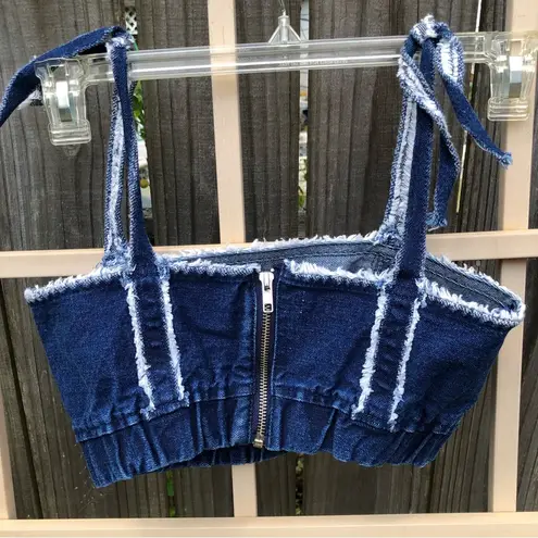 ZARA TRF DENIM CROP BRA FRAYED TOP XS