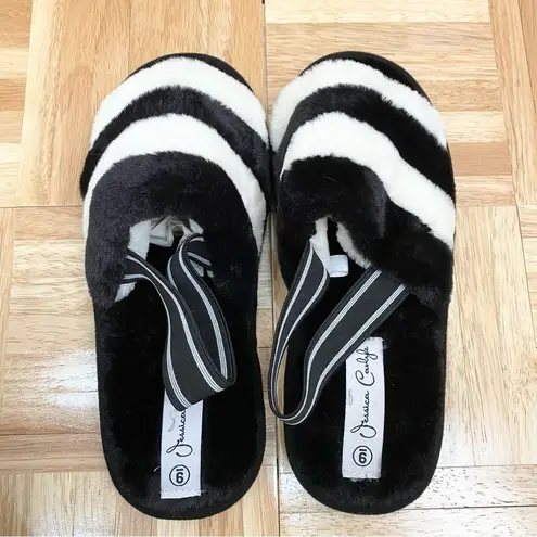 Jessica Carlyle Black/White Stripes Faux Fur Elastic Slingback Slides Slippers 9