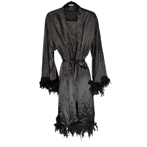 Black Feather Trim Sheer Lace Sleeve Kimono Robe, Top & Bottom 3 piece set Size undefined