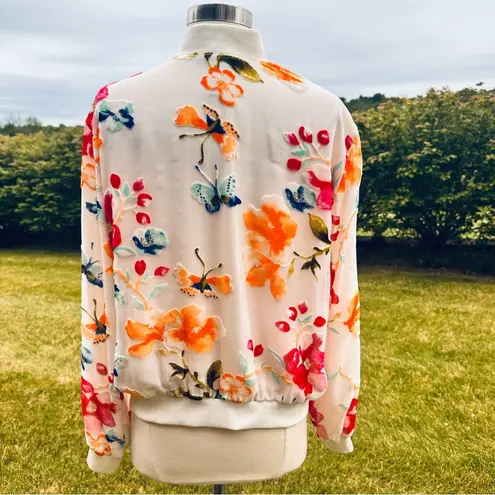 INC International Concepts White with Velvet Flowers Bomber Jacket Size L