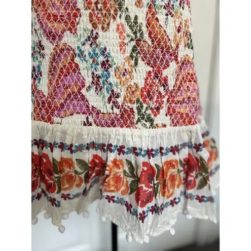 Farm Rio Womens Spring Bananas Smocked Mini Skirt Floral Pom Pom Trim Size M