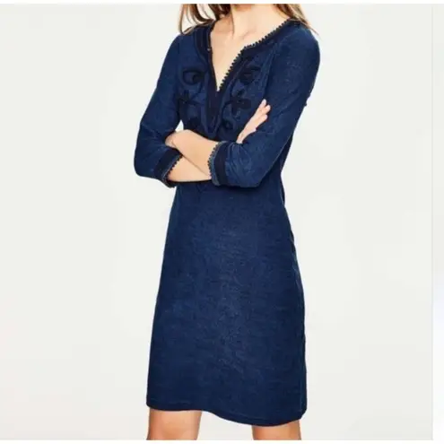 Boden Reanna Jersey Mini Dress Women 6L Indigo Embroidered Bohemian Feminine Blue Size 6